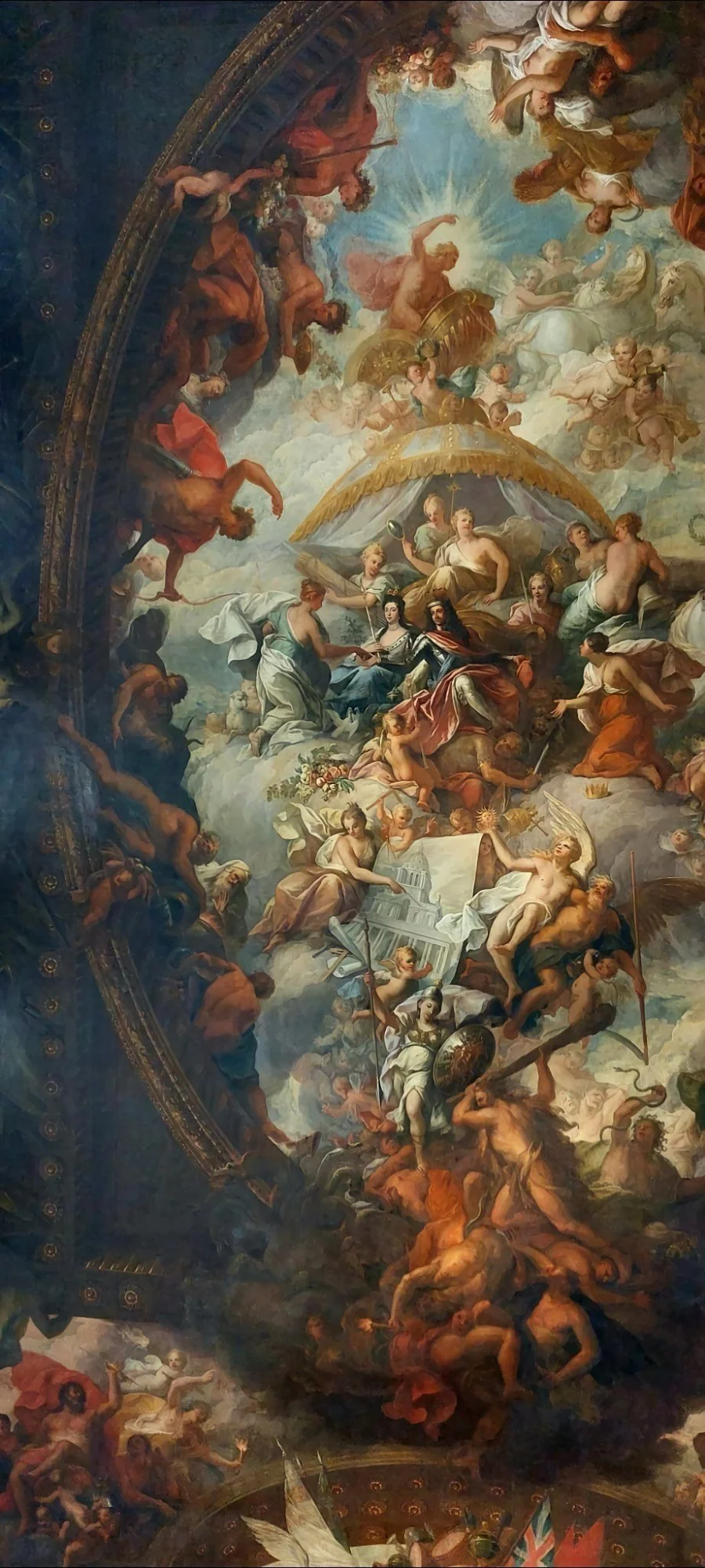 Detalhe do teto do Painted Hall de Greenwich, de James Thornhill: céu repleto de figuras alegóricas, anjos e um dossel dourado